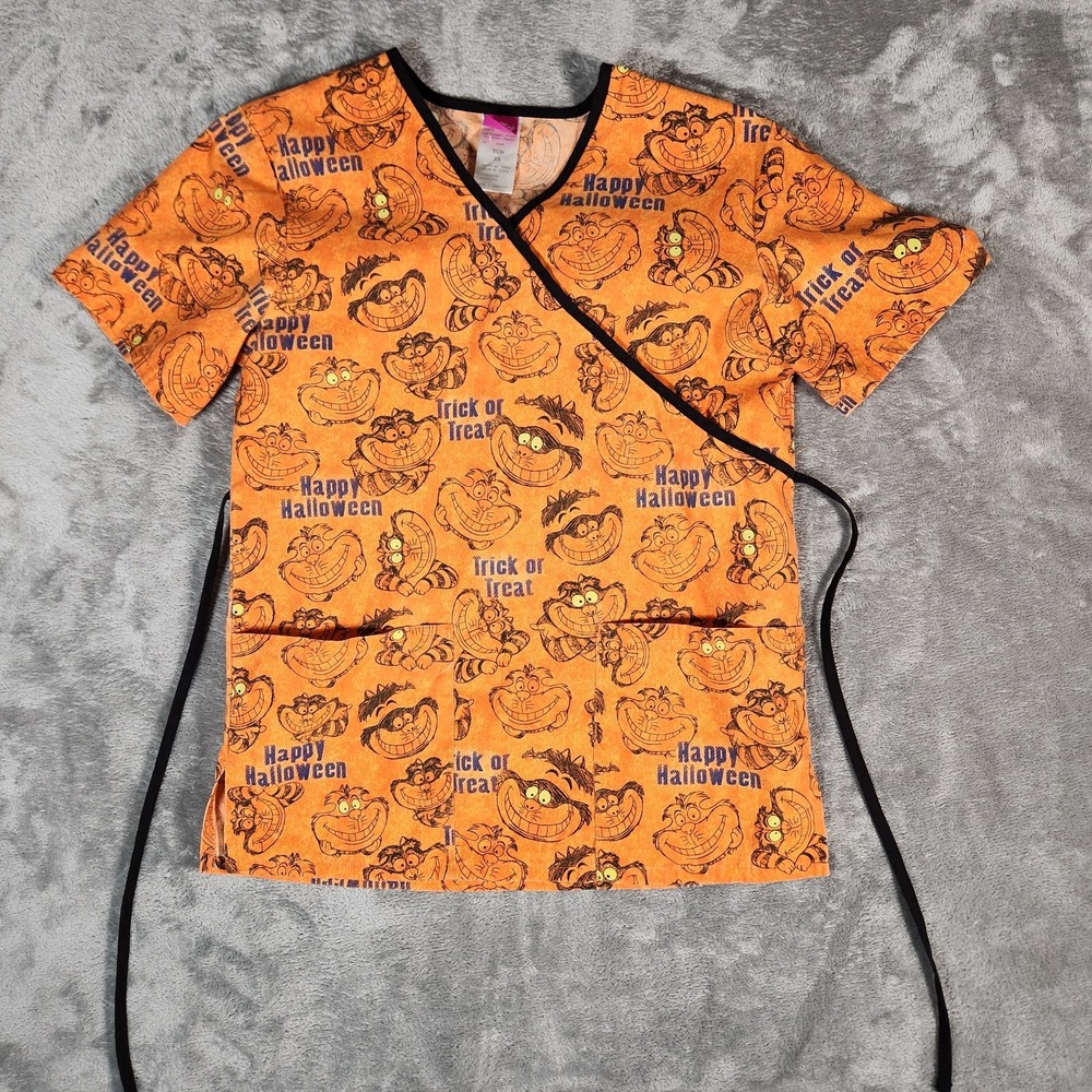 Disney Happy Halloween Orange Cheshire‎ Cat Medical Scrub Top Size XS